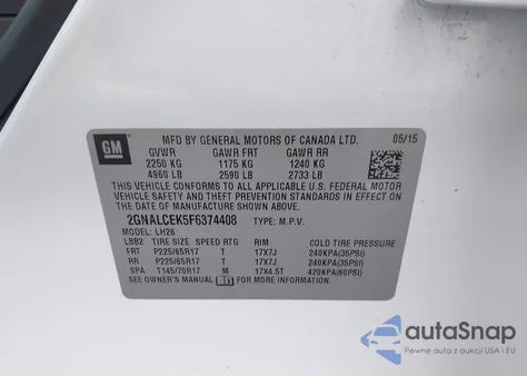 2015 Chevrolet Equinox 2Lt z USA, uszkodzony, nr VIN 2GNALCEK5F6374408